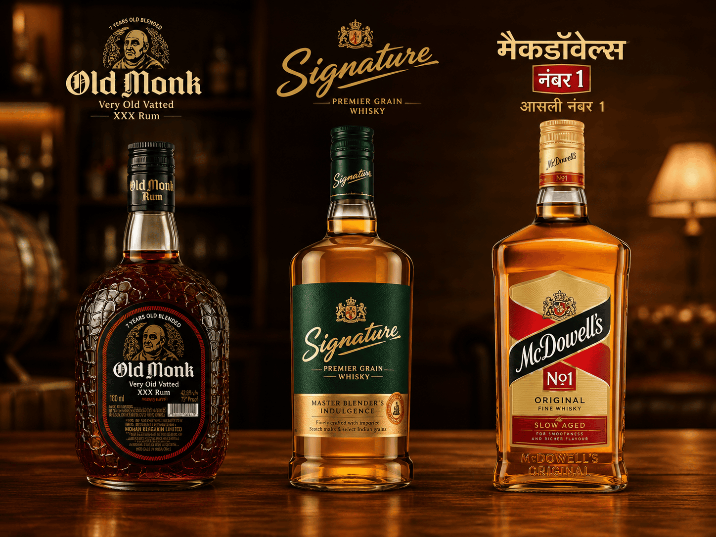 मैकडॉवेल्स नंबर 1, Old Monk, Antiquity Blue, Royal Challenge